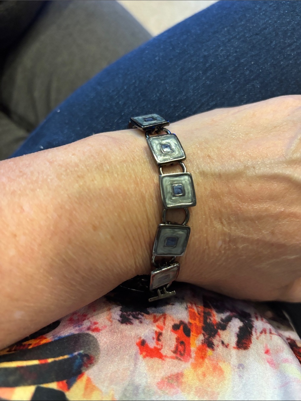 Gun metal tone w/ green color in Squares Link Bracelet - Geometric Design